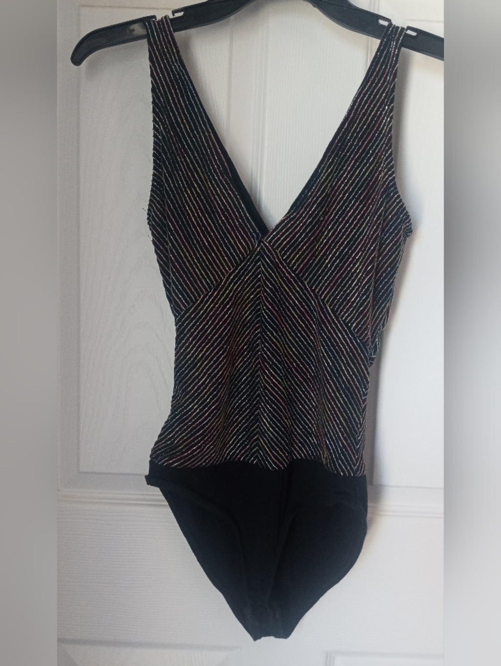 Zara Black Sleeveless V-Neck Bodysuit with Multicolor Glitter Stripes